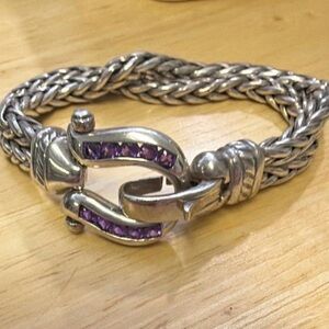 sterling silver horseshoe thick double wheat link bracelet with amethyst accents